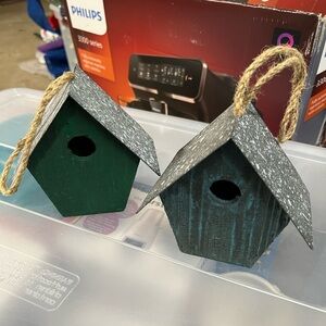 Small green and blue Wooden Birdhouses with Rope Hangers